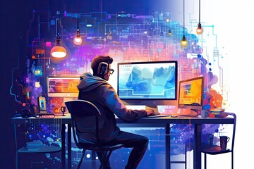 Remote work Illustration, Working from home, man sitting in fron of a large monitor