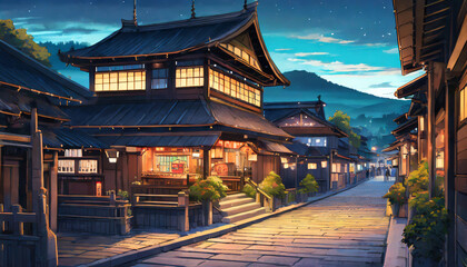 a beautiful japanese village city town in the night evening railway station with shop anime comics artstyle cozy lofi asian architecture 16 9 4k resolution generative ai