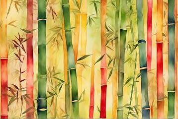 Green, red and yellow gradations in a rotating style form a bamboo tree forest in the evening with a thick watercolor texture suitable for wallpaper