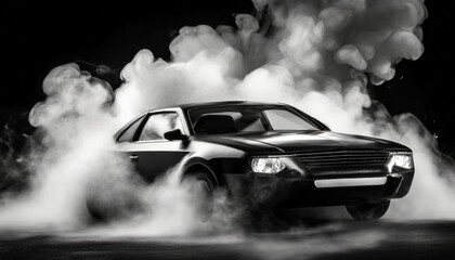 black and white image of a black car in an explosion of smoke on a black background