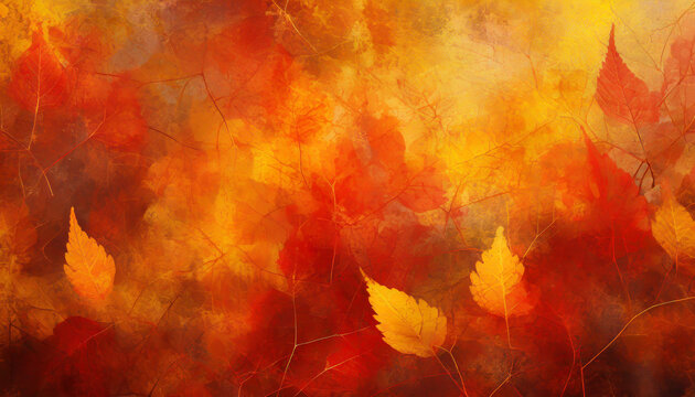 abstract fall or autumn background concept with mottled leave pattern painted in grunge texture design hot red yellow and orange colors of fire