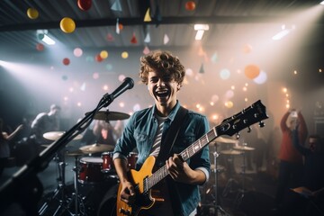 Obraz premium An 18th birthday for a boy: The garage turned into a concert venue as the young man celebrated with friends, parents, and grandparents, showcasing his musical talent.