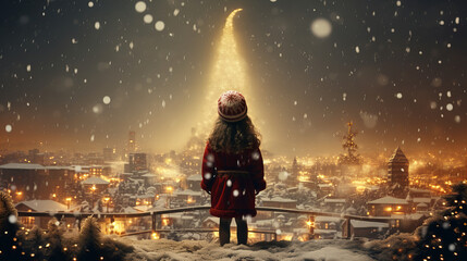 A lone child, mesmerized by the wintry sky, stands in the snow under the cover of night, gazing at the sparkling city lights with a mix of wonder and longing