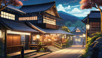 a beautiful japanese village city town in the night evening railway station with shop anime comics artstyle cozy lofi asian architecture 16 9 4k resolution generative ai - obrazy, fototapety, plakaty