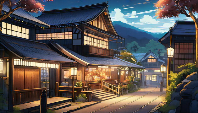 A Beautiful Japanese Village City Town In The Night Evening Railway Station With Shop Anime Comics Artstyle Cozy Lofi Asian Architecture 16 9 4k Resolution Generative Ai