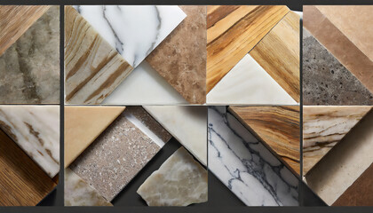 combination of interior material samples including wooden ceramic floor tiles luxury marble stones elegance artificial stone tiles isolated on background with clipping path mood and tone board
