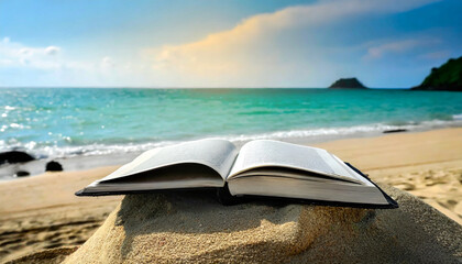 book on the beautiful ocean beach on the outdoor blurred sea background