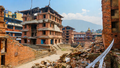 aftermath of nepal earthquake 2015 collapsed buildings in kathmandu - obrazy, fototapety, plakaty