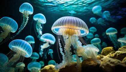 Fototapeta na wymiar common jellyfish in aquarium lit by blue light