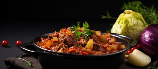 Classic goulash featuring cabbage and potato - obrazy, fototapety, plakaty