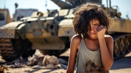 War orphan girl crying in the middle of war - obrazy, fototapety, plakaty