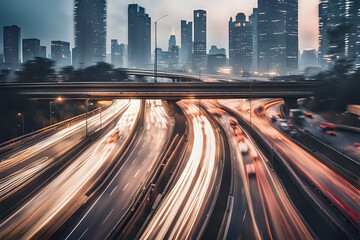 The motion blur of a busy urban highway during the evening rush hour. The night city traffic in dramatic scenes