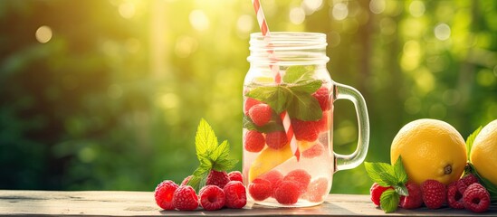 Detox water in a mason jar with lemon raspberries mint and a natural backdrop - obrazy, fototapety, plakaty