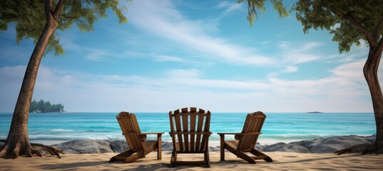 Chairs sit on the beach while looking at the ocean.