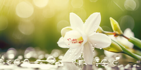 White Orchid Flower with dew drops on a Green Background. Beautiful Floral Background for Birthday, Mother's day, Women's day Greeting Card