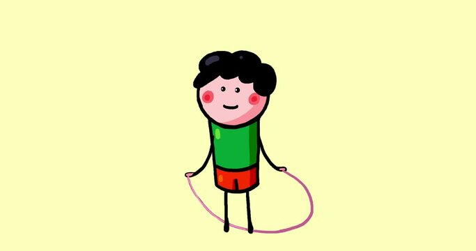 Kid cartoon character animated Tomek skipping rope isolated long loop play. Moving child serie transparent. Useful content presenter no background.