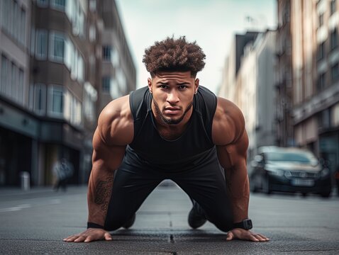 Intense Training: Young Man in Luxurious Sportswear Takes Over the City Pavement with a Strong Look