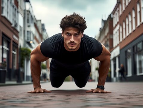 Intense Training: Young Man in Luxurious Sportswear Takes Over the City Pavement with a Strong Look