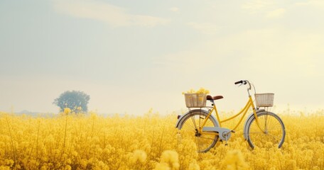 A bicycle sitting in a field, in the style of light white and yellow, cute and dreamy.