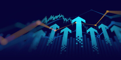Abstract financial graph with moving up arrows in stock market on blue color background
