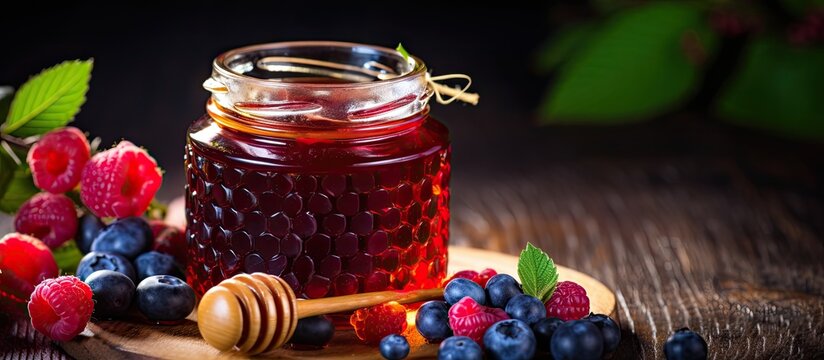 Organic raspberry and blueberry honey jam a vegetarian remedy for colds and respiratory diseases in a glass jar