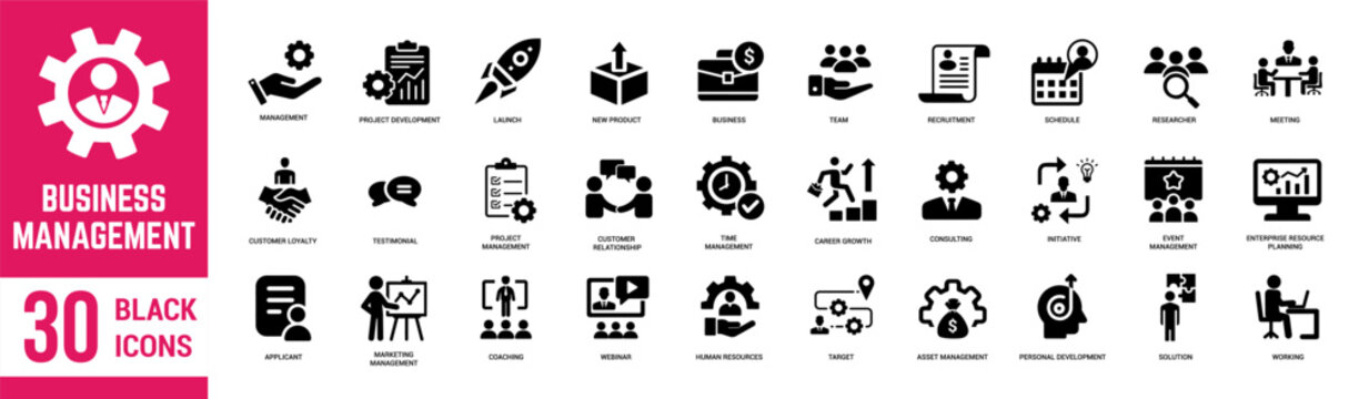 Business Management solid black icons set. Management, teamwork, planning, strategy, business, training, vision, mission, marketing and employee. Vector illustration.