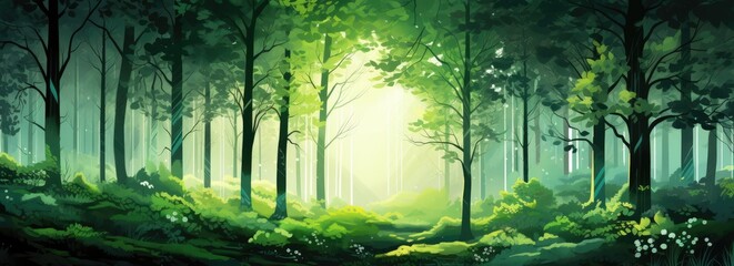 the sun is shining through the trees in the forest, in the style of high detailed, green and emerald