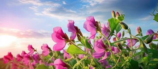Field pea flowers plants on a rural farm green peas beans in a vegetable garden Vicia faba also called broad bean fava peas or faba pea is a kind of flower - obrazy, fototapety, plakaty