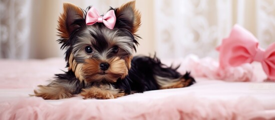 Close up of a bow adorned yorkshire terrier puppy on a sofa