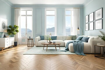 Fototapeta premium Cozy home interior in light pastel colors with hardwood flooring and arch wall, 3d rendering
