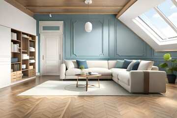 Cozy home interior in light pastel colors with hardwood flooring and arch wall, 3d rendering