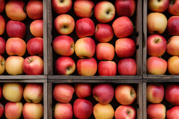 Ripe red apples in wooden crates, top view