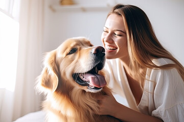 Woman with the happy dog at home