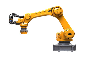 Industrial robotic arm isolated on a transparent background. Industrial robot works automatically in smart autonomous factory. Generative AI