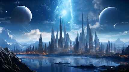Fototapeta na wymiar Majestic celestial city emerges as a panoramic beacon in the heart of the galaxy