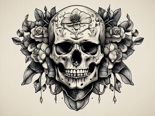 Vintage human skull tattoo concept