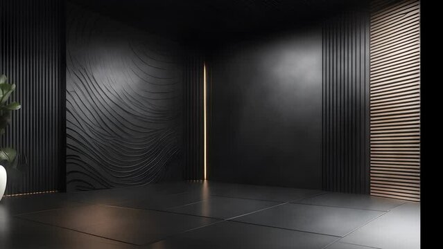Black background to present products in loop, black wall, increase and decrease of lights, wooden floor, 4k