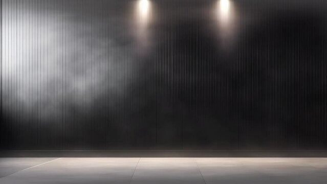 Black background to present products in loop, black wall, increase and decrease of lights, wooden floor, 4k, loop