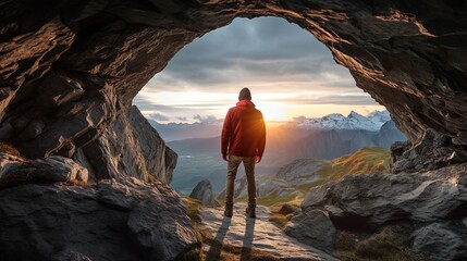 Rear view of male traveler standing in cave with view of rocky mountains at sunrise - obrazy, fototapety, plakaty