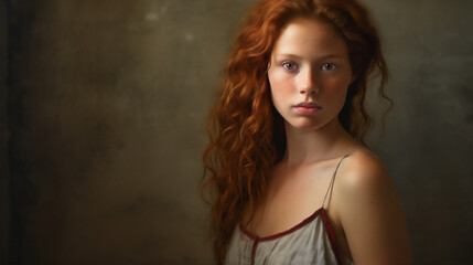 Naklejka premium Portrait of a model with red hair in a studio environment. Natural complexion, skin care, healthy lifestyle. 