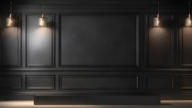 Black background to present products in loop, black wall, increase and decrease of lights, wooden floor, 4k, loop, elegant, lights