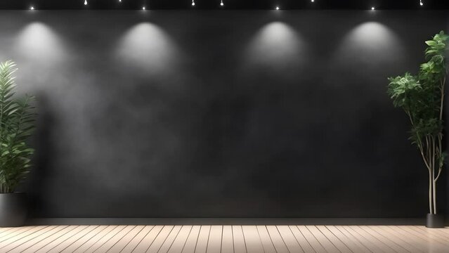 Black background to present products in loop, black wall, increase and decrease of lights, wooden floor, 4k