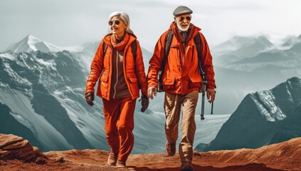 Active senior couple hiking in mountains, ideal for adventure and travel themes.