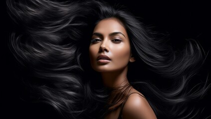 Animated woman with voluminous wavy black hair that surrounds her, looking intensely at the viewer. Perfect for beauty and haircare campaigns.