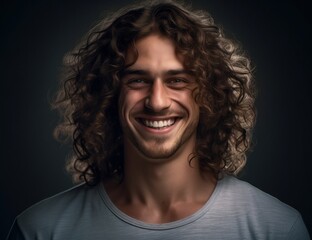 A confident young man with curly long hair smiling genuinely against a black background. Perfect for portraying positivity, carefree attitude, or modern hairstyles.