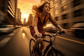 Dynamic shot of a woman swiftly cycling through a bustling city at sunset, capturing the essence of urban life and movement. Perfect for illustrating urban commuting, adventure, and eco-friendly trans