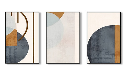 Set of three abstract artistic geometric patterns. Creative minimalist hand drawn illustration for wall decoration, wallpaper, poster, card, mural, rug, hanging picture, print