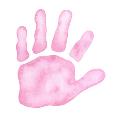 Little pink palm, handprint. Baby shower, gender reveal party, design invitation. Boy or girl. Hand drawn watercolor illustration isolated background. For family surprise party feast
