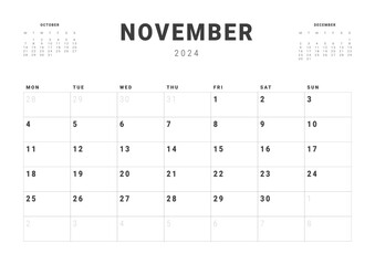 Monthly page Calendar Planner Templates of November 2024. Vector layout of simple calendar with week start Monday for print. Page for size A4 or 21x29.7 cm
