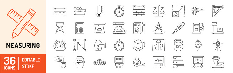 Measuring editable stroke outline Icons set. Ruler, measure, thermometer, stopwatch, scale, calculator, blood pressure and speedometer. Vector illustration - obrazy, fototapety, plakaty